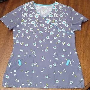 Gray with Floral Print Scrub Top- Scrub Star- XS